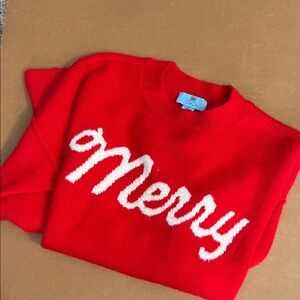 CeCe Red Crewneck Sweater with White "Merry" Script